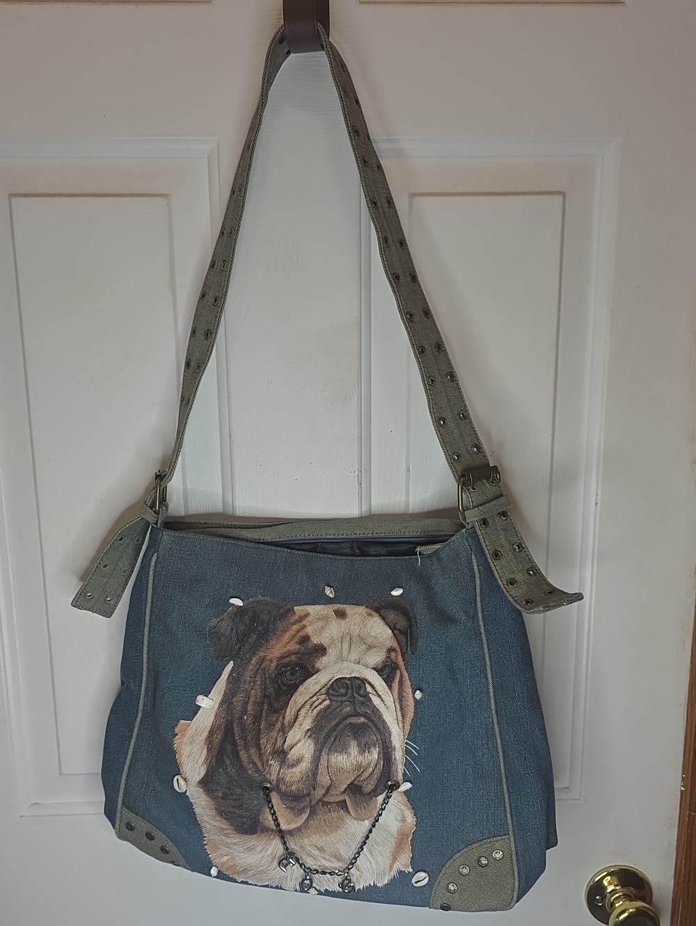 Bulldog Print Denim Shoulder Bag in Blue